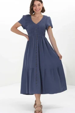 Stephan Midi Dress - Cap Sleeve Tortoiseshell Button-Down Tiered Dress in Navy>Salty Crush