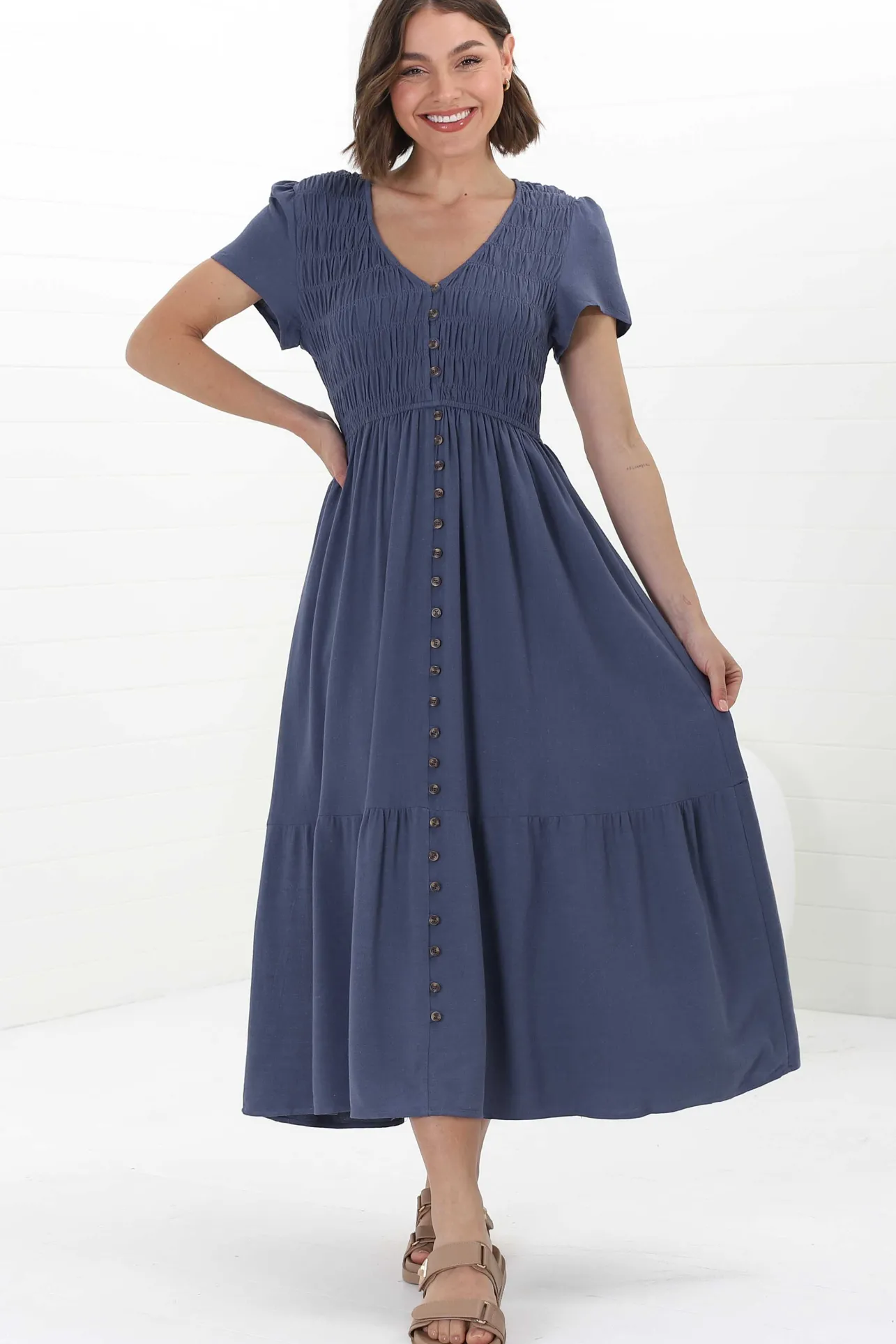 Stephan Midi Dress - Cap Sleeve Tortoiseshell Button-Down Tiered Dress in Navy>Salty Crush