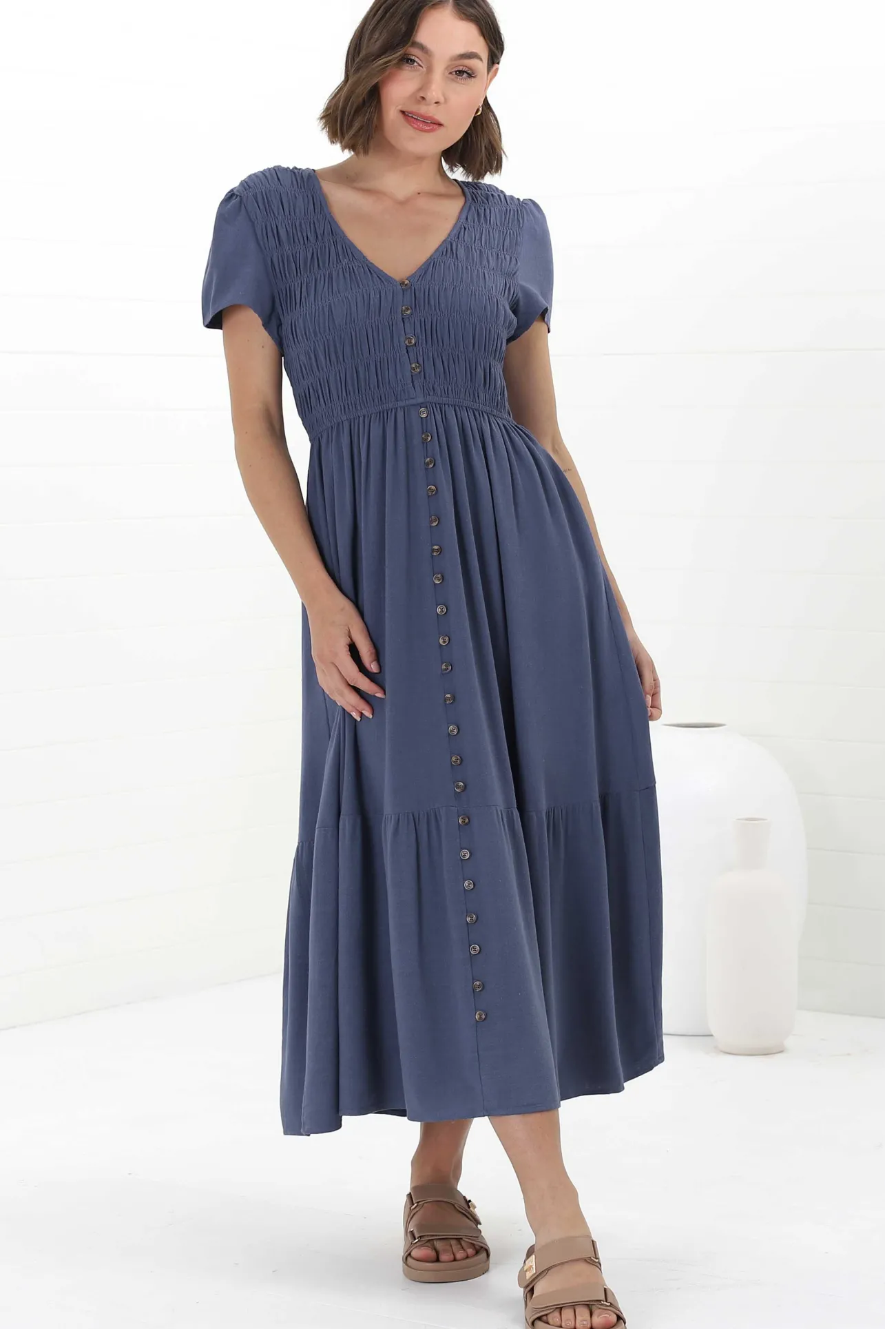 Stephan Midi Dress - Cap Sleeve Tortoiseshell Button-Down Tiered Dress in Navy>Salty Crush