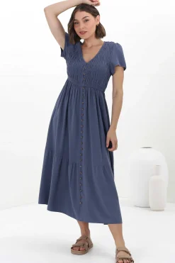 Stephan Midi Dress - Cap Sleeve Tortoiseshell Button-Down Tiered Dress in Navy><noscript><img width=