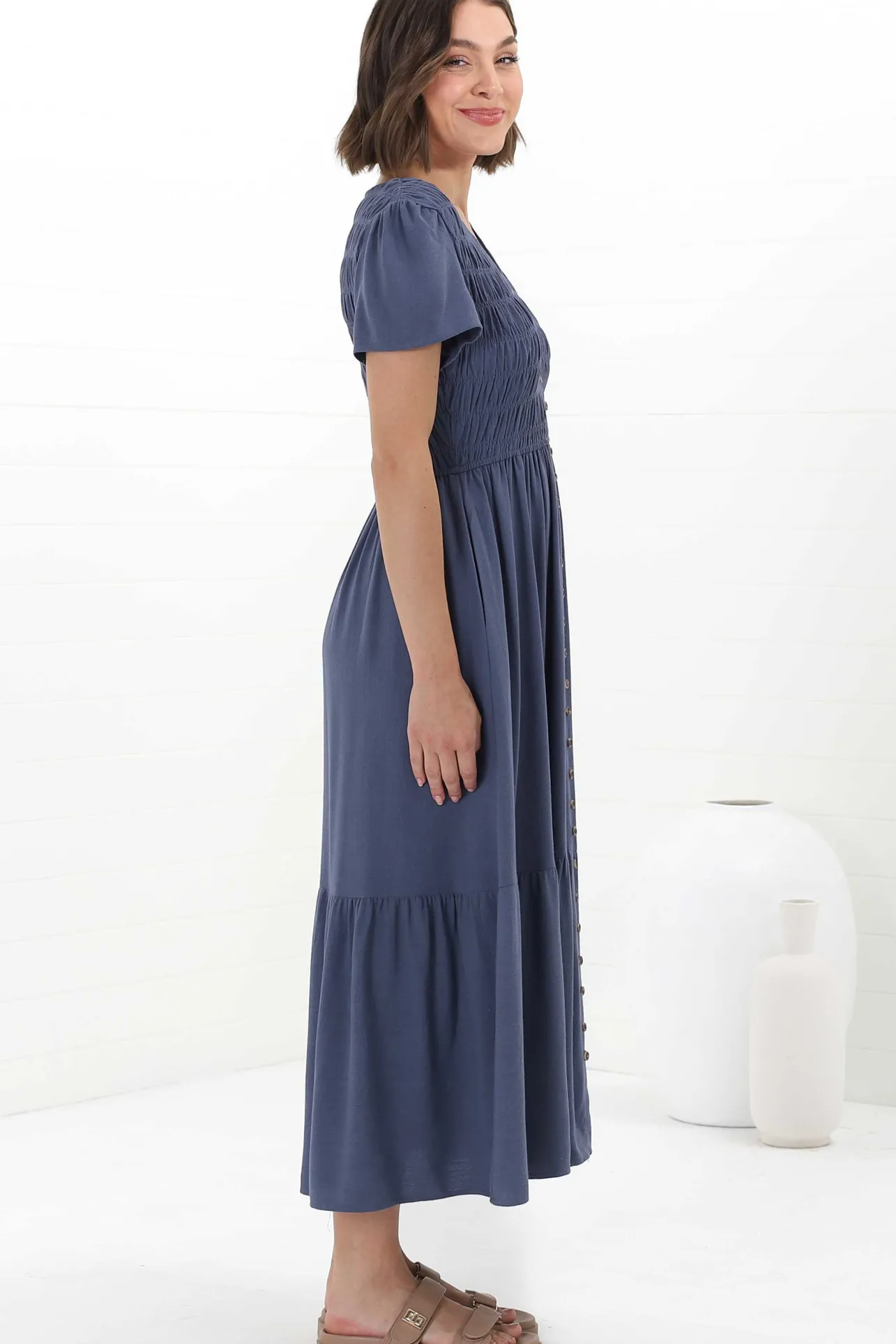 Stephan Midi Dress - Cap Sleeve Tortoiseshell Button-Down Tiered Dress in Navy>Salty Crush
