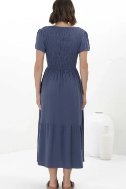 Stephan Midi Dress - Cap Sleeve Tortoiseshell Button-Down Tiered Dress in Navy><noscript><img width=
