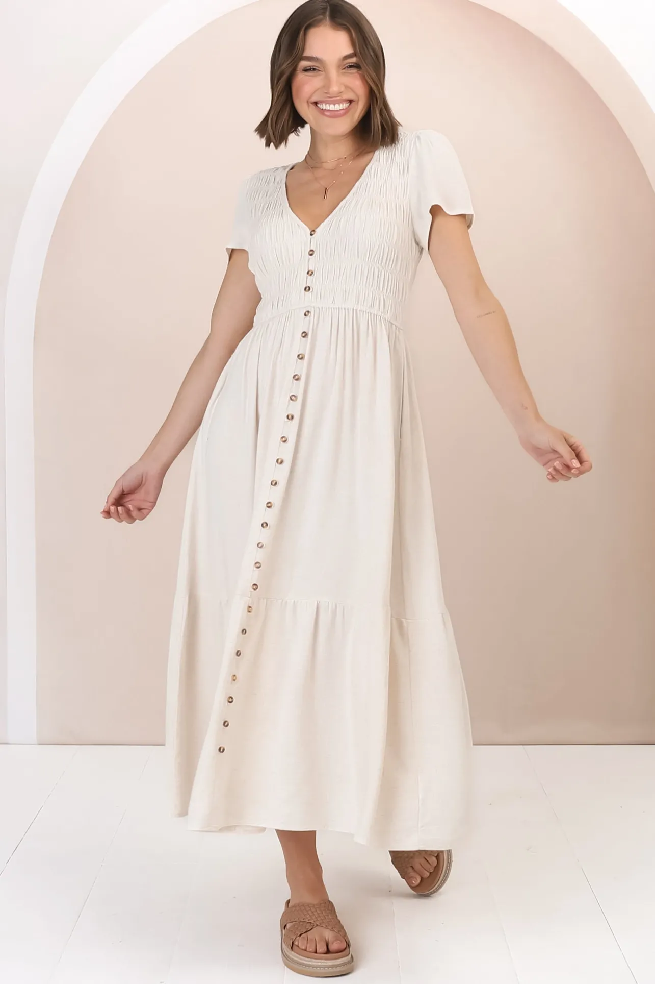 Stephan Midi Dress - Cap Sleeve Tortoiseshell Button-Down Tiered Dress in Cream>Salty Crush Discount