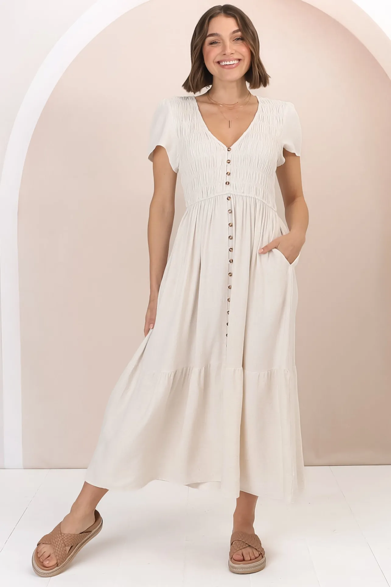 Stephan Midi Dress - Cap Sleeve Tortoiseshell Button-Down Tiered Dress in Cream>Salty Crush Discount