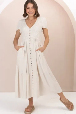 Stephan Midi Dress - Cap Sleeve Tortoiseshell Button-Down Tiered Dress in Cream><noscript><img width=