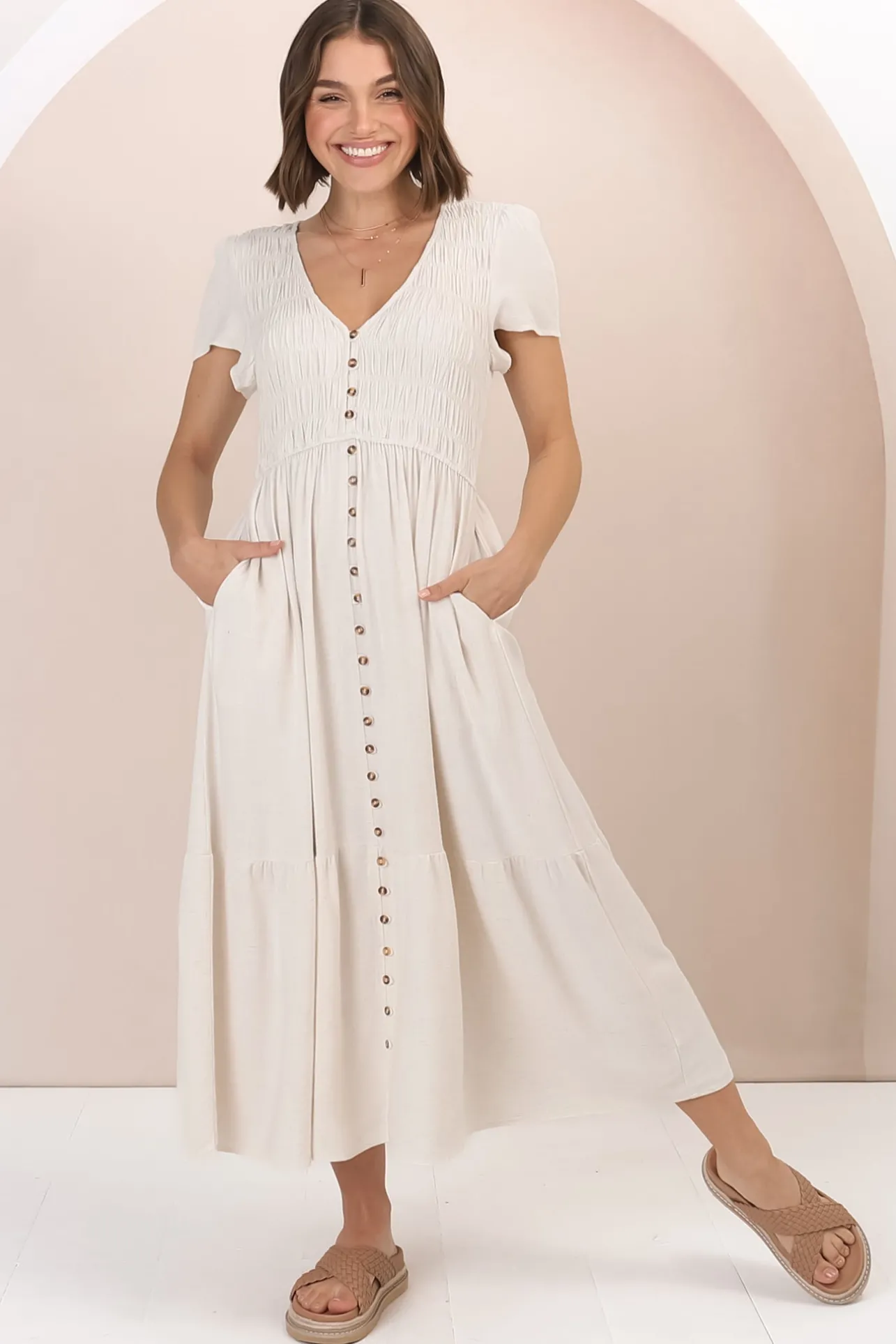 Stephan Midi Dress - Cap Sleeve Tortoiseshell Button-Down Tiered Dress in Cream>Salty Crush Discount