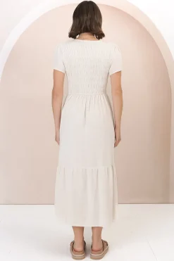 Stephan Midi Dress - Cap Sleeve Tortoiseshell Button-Down Tiered Dress in Cream><noscript><img width=