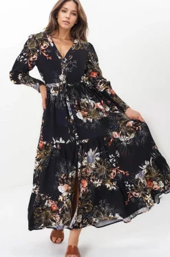 Stephanie Maxi Dress - V-Neck Buttoned Down Dress with Pull Tie Waist in Indigo Print>Jaase Clearance