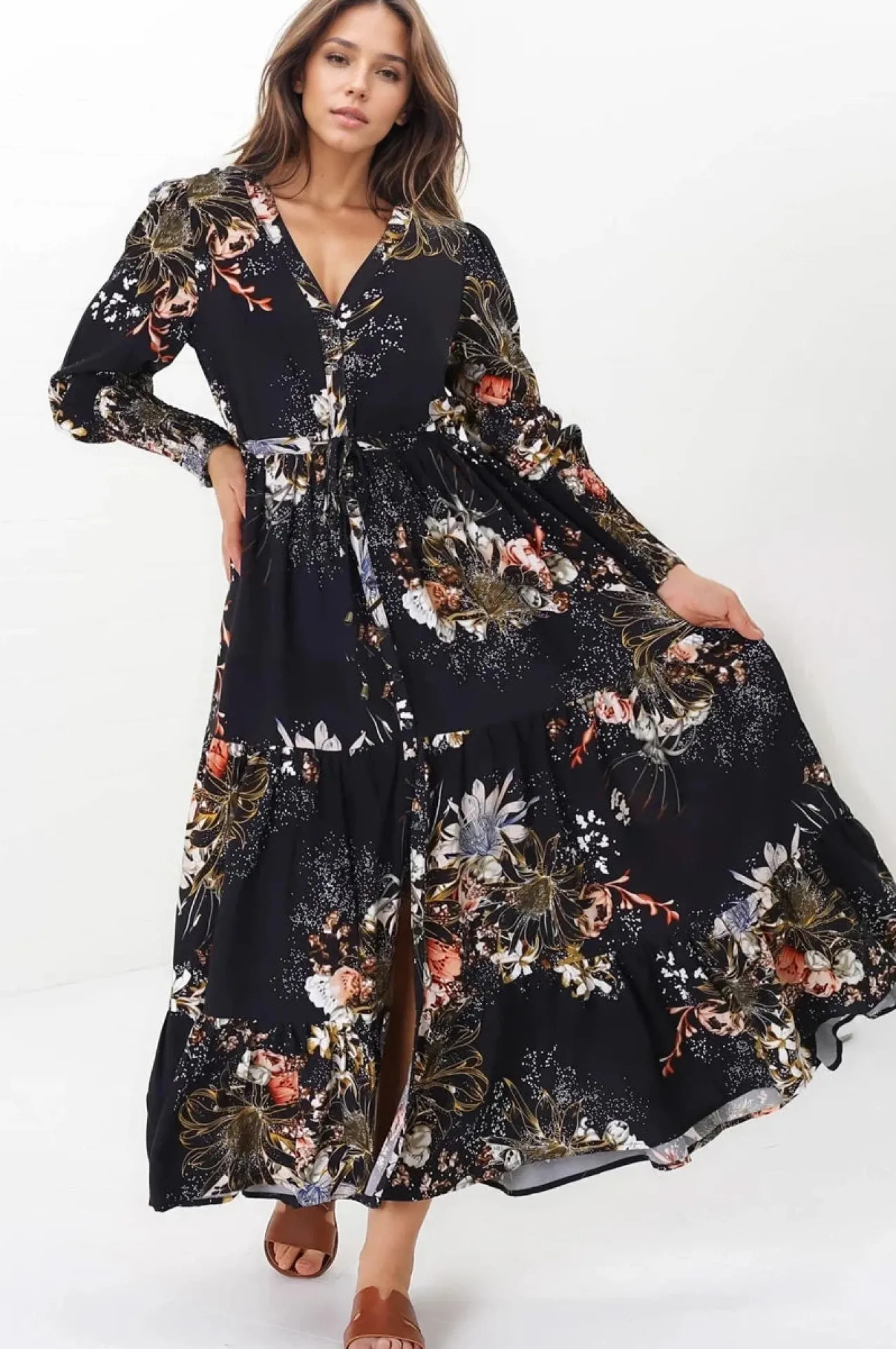 Stephanie Maxi Dress - V-Neck Buttoned Down Dress with Pull Tie Waist in Indigo Print>Jaase Clearance