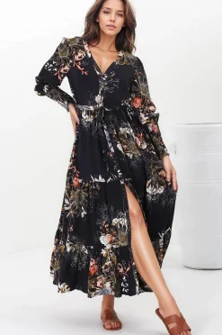 Stephanie Maxi Dress - V-Neck Buttoned Down Dress with Pull Tie Waist in Indigo Print><noscript><img width=