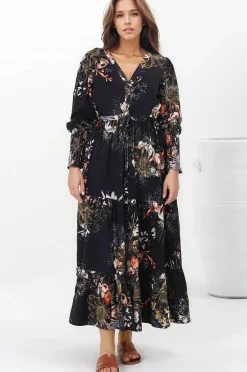 Stephanie Maxi Dress - V-Neck Buttoned Down Dress with Pull Tie Waist in Indigo Print><noscript><img width=