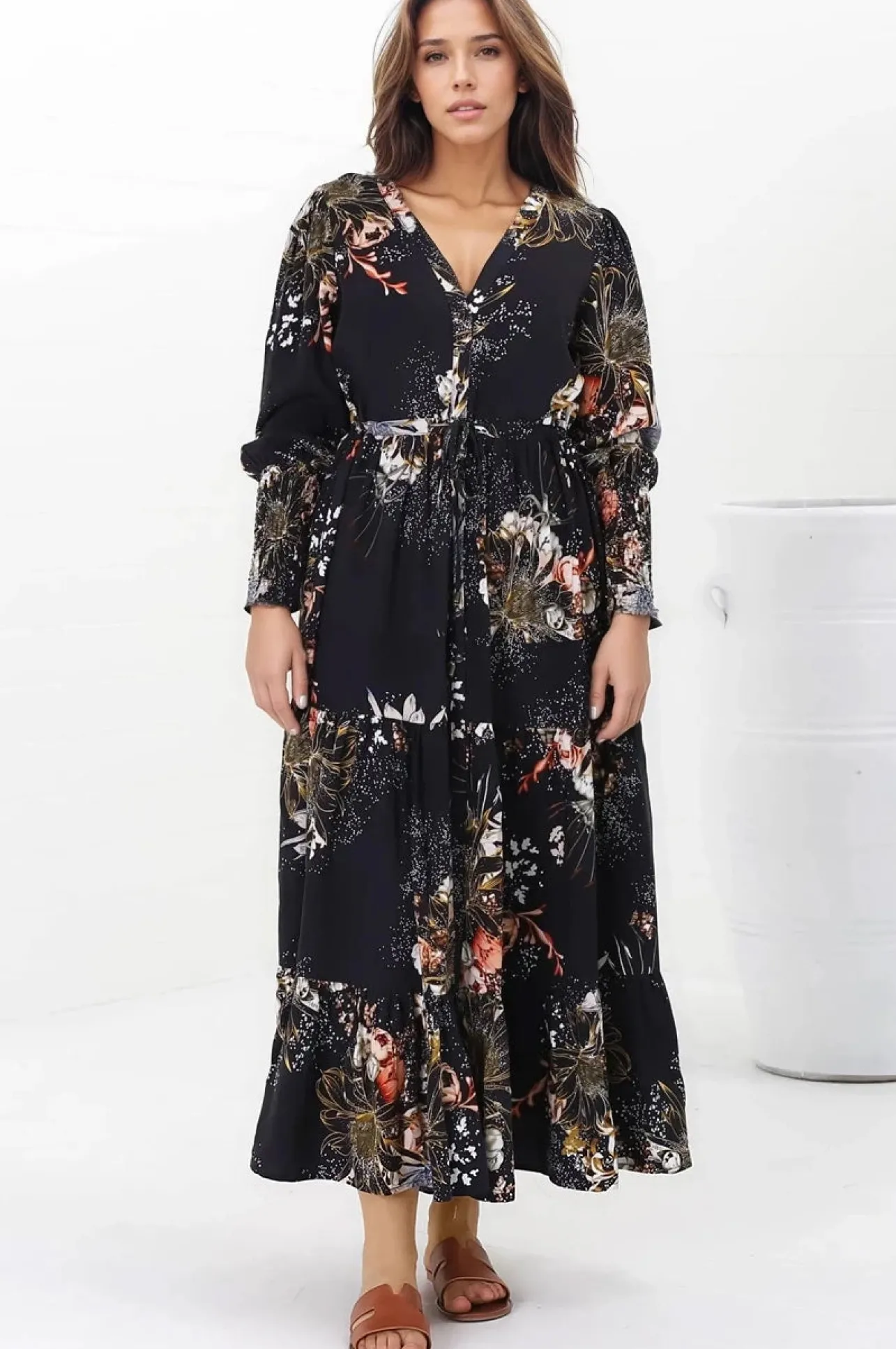 Stephanie Maxi Dress - V-Neck Buttoned Down Dress with Pull Tie Waist in Indigo Print>Jaase Clearance