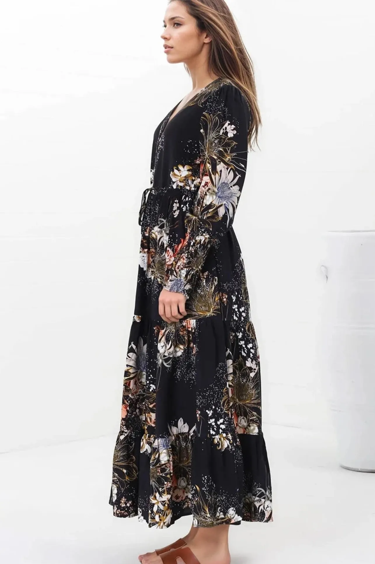 Stephanie Maxi Dress - V-Neck Buttoned Down Dress with Pull Tie Waist in Indigo Print>Jaase Clearance