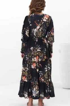 Stephanie Maxi Dress - V-Neck Buttoned Down Dress with Pull Tie Waist in Indigo Print><noscript><img width=