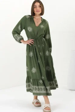 Sullivan Midi Dress - Mandarin Collar 3/4 Sleeve Dress with Pull Tie Waist in Lula Print Green>Salty Crush Clearance