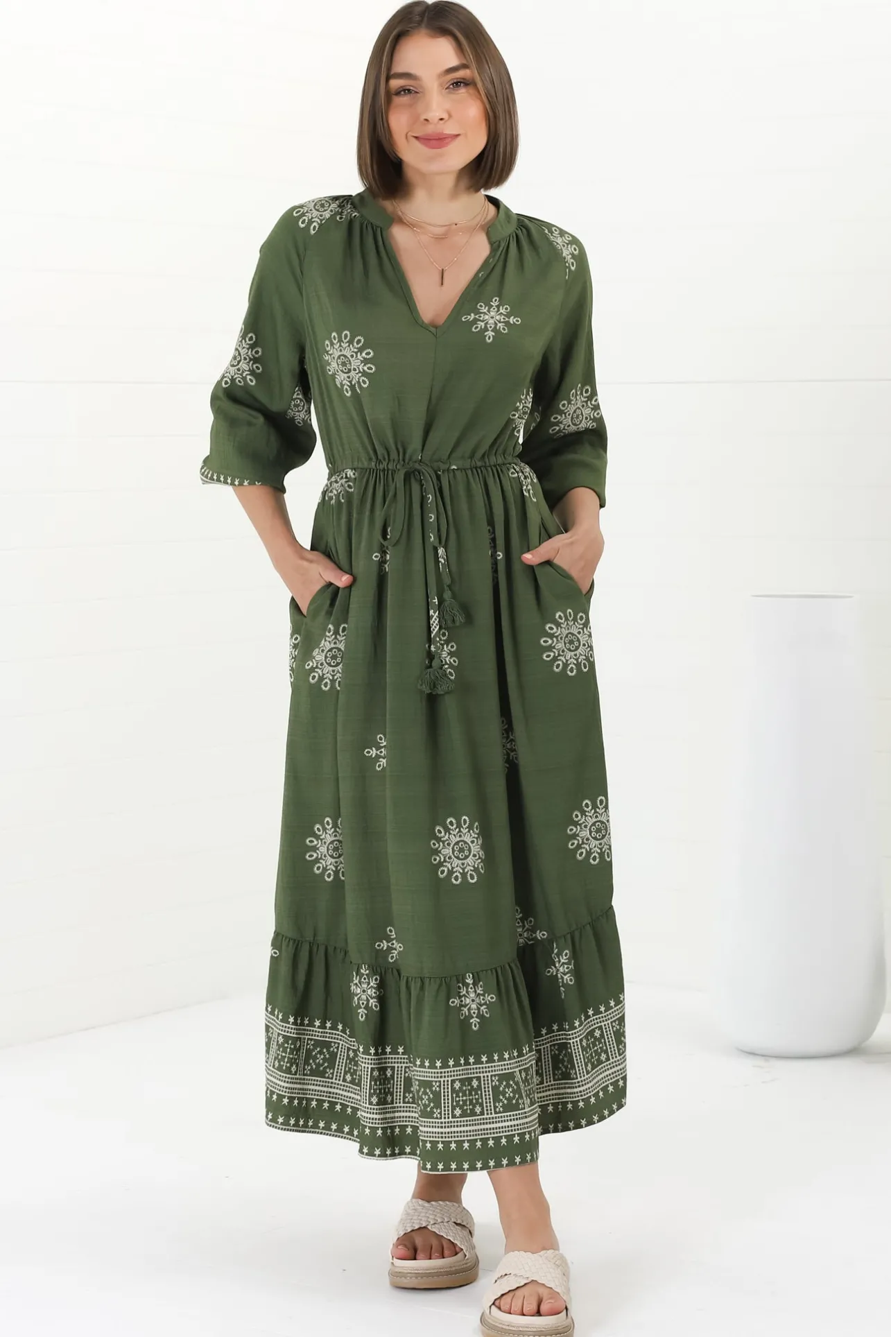 Sullivan Midi Dress - Mandarin Collar 3/4 Sleeve Dress with Pull Tie Waist in Lula Print Green>Salty Crush Clearance