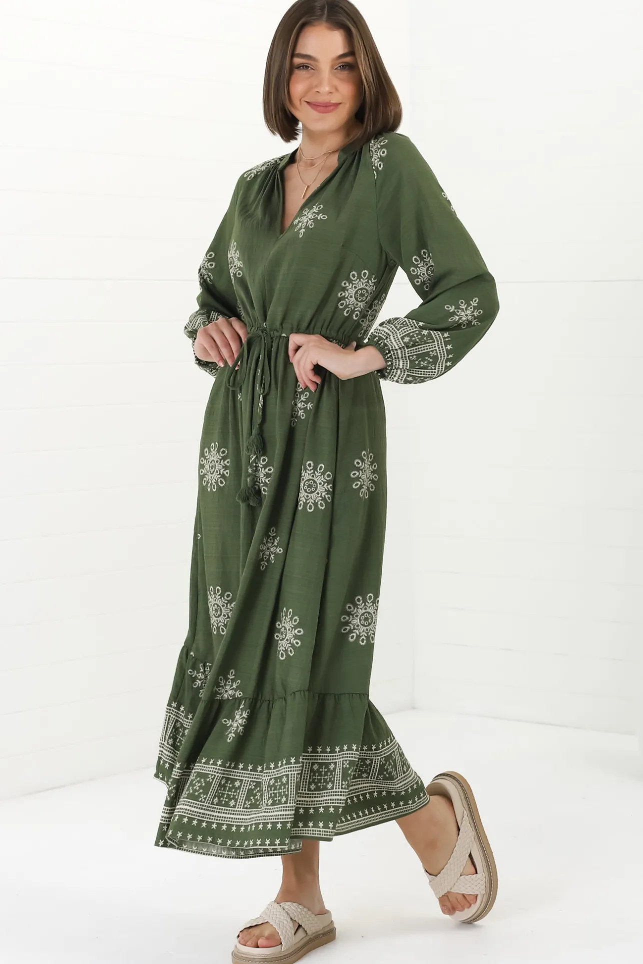 Sullivan Midi Dress - Mandarin Collar 3/4 Sleeve Dress with Pull Tie Waist in Lula Print Green>Salty Crush Clearance