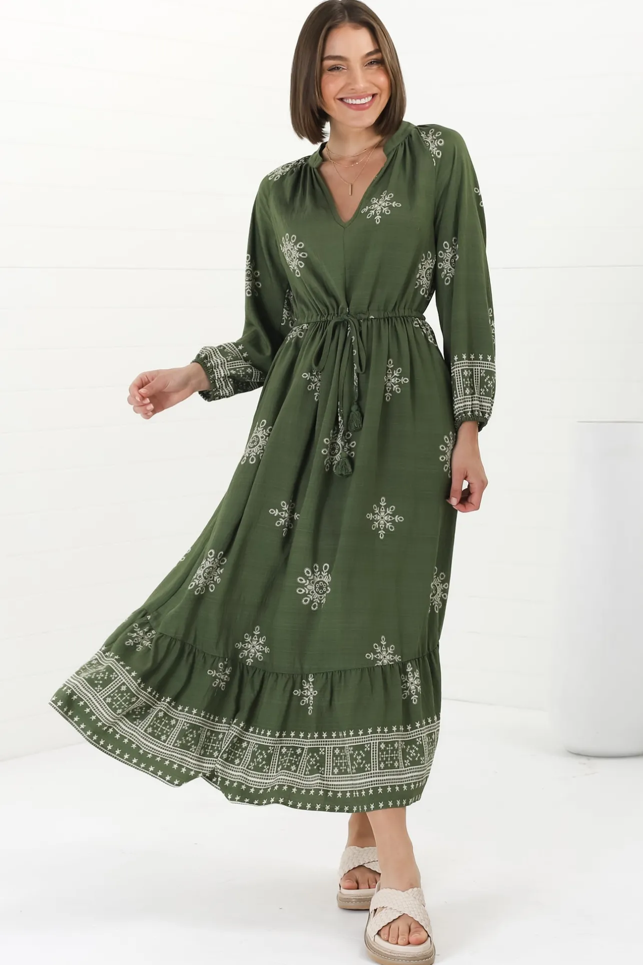 Sullivan Midi Dress - Mandarin Collar 3/4 Sleeve Dress with Pull Tie Waist in Lula Print Green>Salty Crush Clearance
