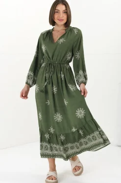 Sullivan Midi Dress - Mandarin Collar 3/4 Sleeve Dress with Pull Tie Waist in Lula Print Green><noscript><img width=