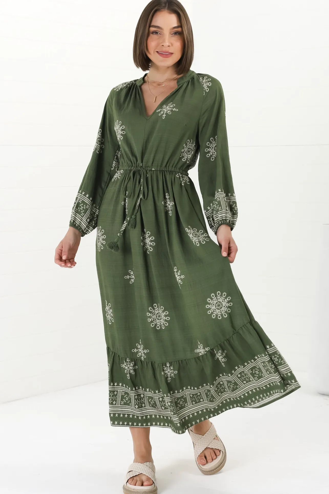 Sullivan Midi Dress - Mandarin Collar 3/4 Sleeve Dress with Pull Tie Waist in Lula Print Green>Salty Crush Clearance