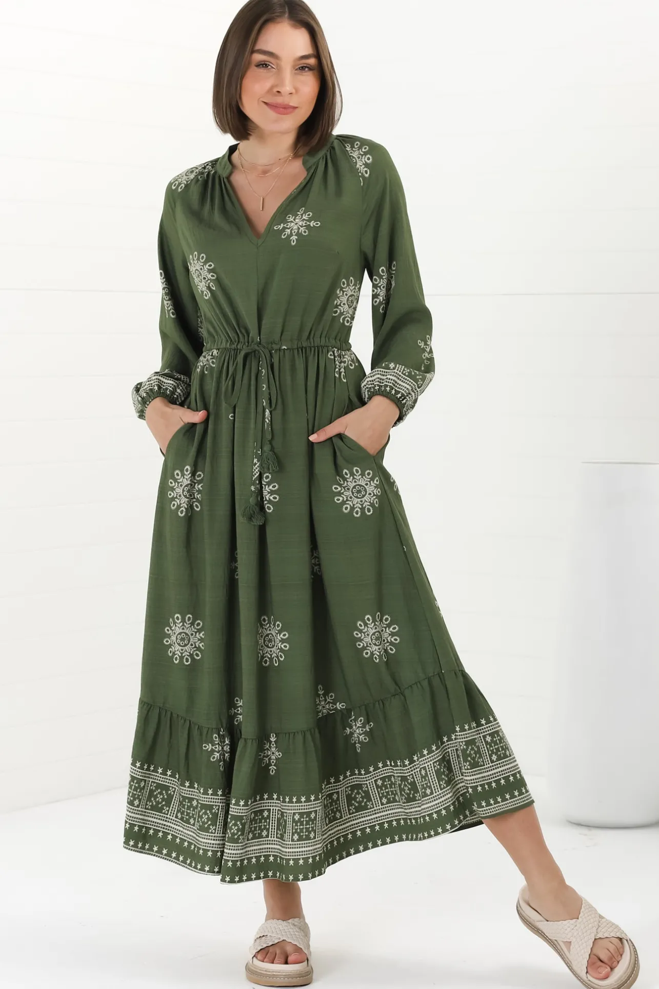 Sullivan Midi Dress - Mandarin Collar 3/4 Sleeve Dress with Pull Tie Waist in Lula Print Green>Salty Crush Clearance