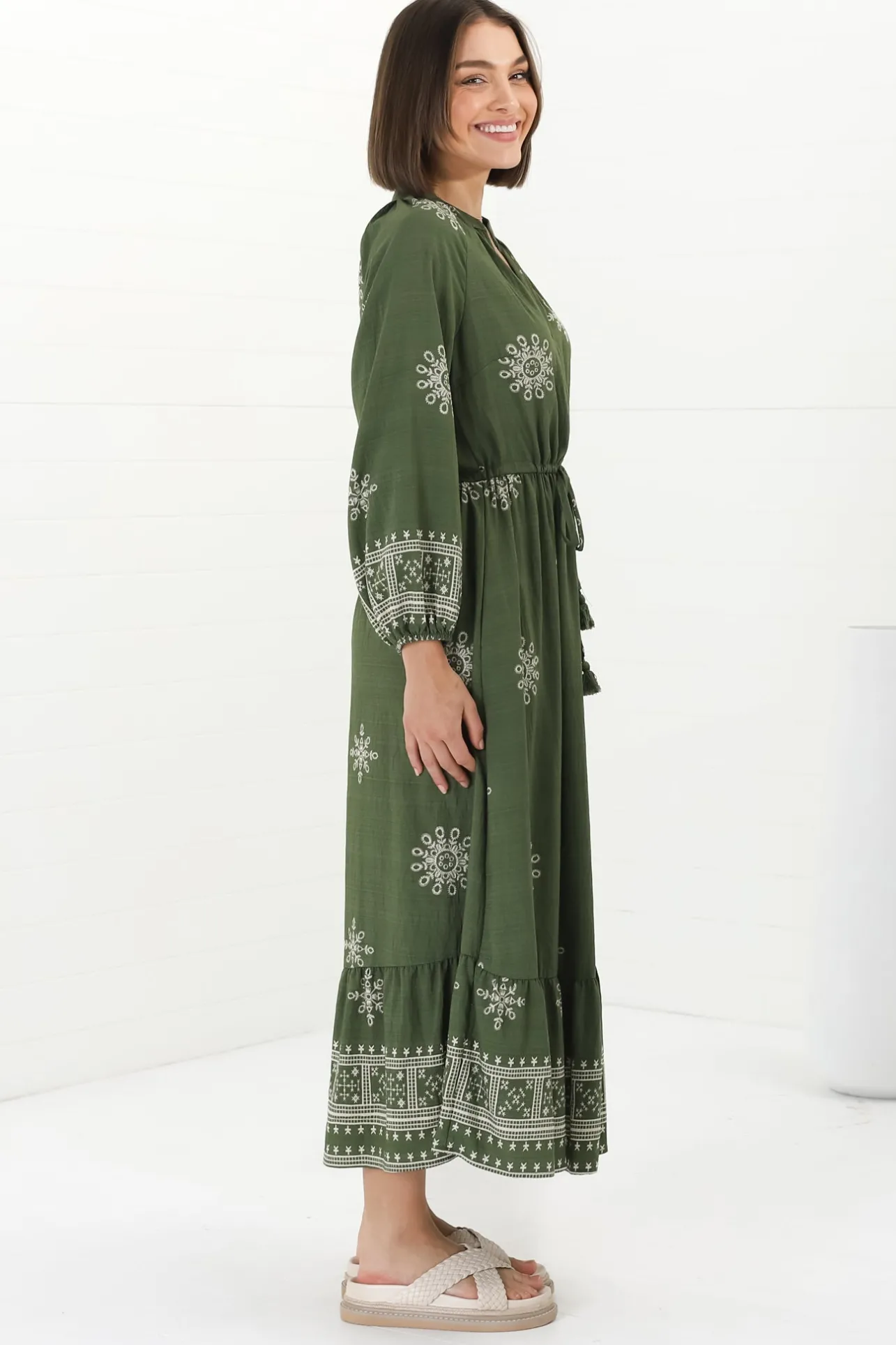Sullivan Midi Dress - Mandarin Collar 3/4 Sleeve Dress with Pull Tie Waist in Lula Print Green>Salty Crush Clearance
