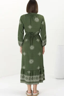Sullivan Midi Dress - Mandarin Collar 3/4 Sleeve Dress with Pull Tie Waist in Lula Print Green><noscript><img width=