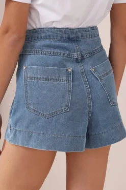 Sullivan Shorts - High Waisted Button Fold Pocket Denim Shorts in Mid Wash Denim><noscript><img width=