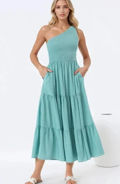 Suzzie Midi Dress - One Shoulder Elasticated Bodice Tiered Dress in Airin Print><noscript><img width=