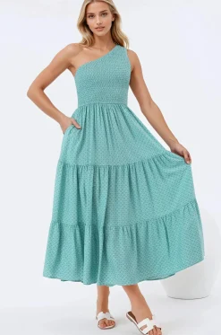 Suzzie Midi Dress - One Shoulder Elasticated Bodice Tiered Dress in Airin Print><noscript><img width=