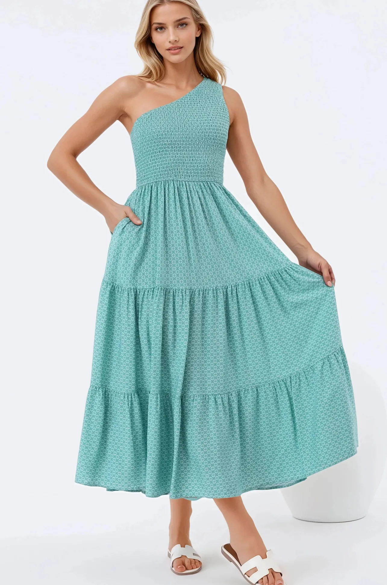 Suzzie Midi Dress - One Shoulder Elasticated Bodice Tiered Dress in Airin Print>Salty Crush Discount