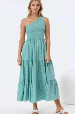 Suzzie Midi Dress - One Shoulder Elasticated Bodice Tiered Dress in Airin Print><noscript><img width=