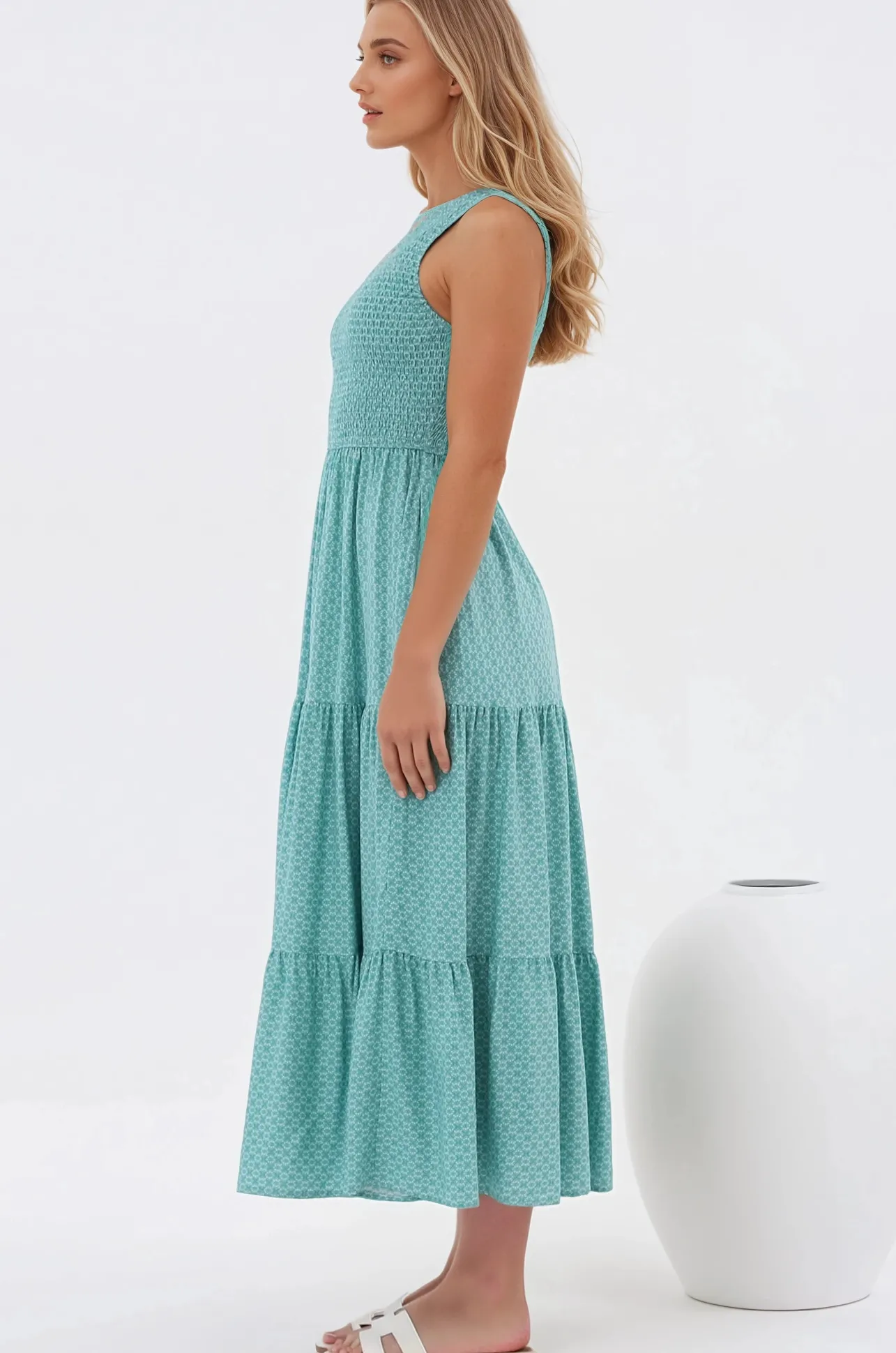 Suzzie Midi Dress - One Shoulder Elasticated Bodice Tiered Dress in Airin Print>Salty Crush Discount