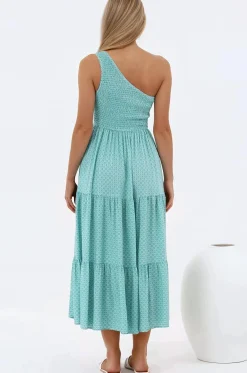 Suzzie Midi Dress - One Shoulder Elasticated Bodice Tiered Dress in Airin Print><noscript><img width=