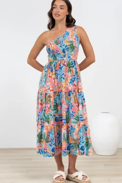 Suzzie Midi Dress - One Shoulder Elasticated Bodice Tiered Dress in Angelitta Print>Salty Crush Outlet