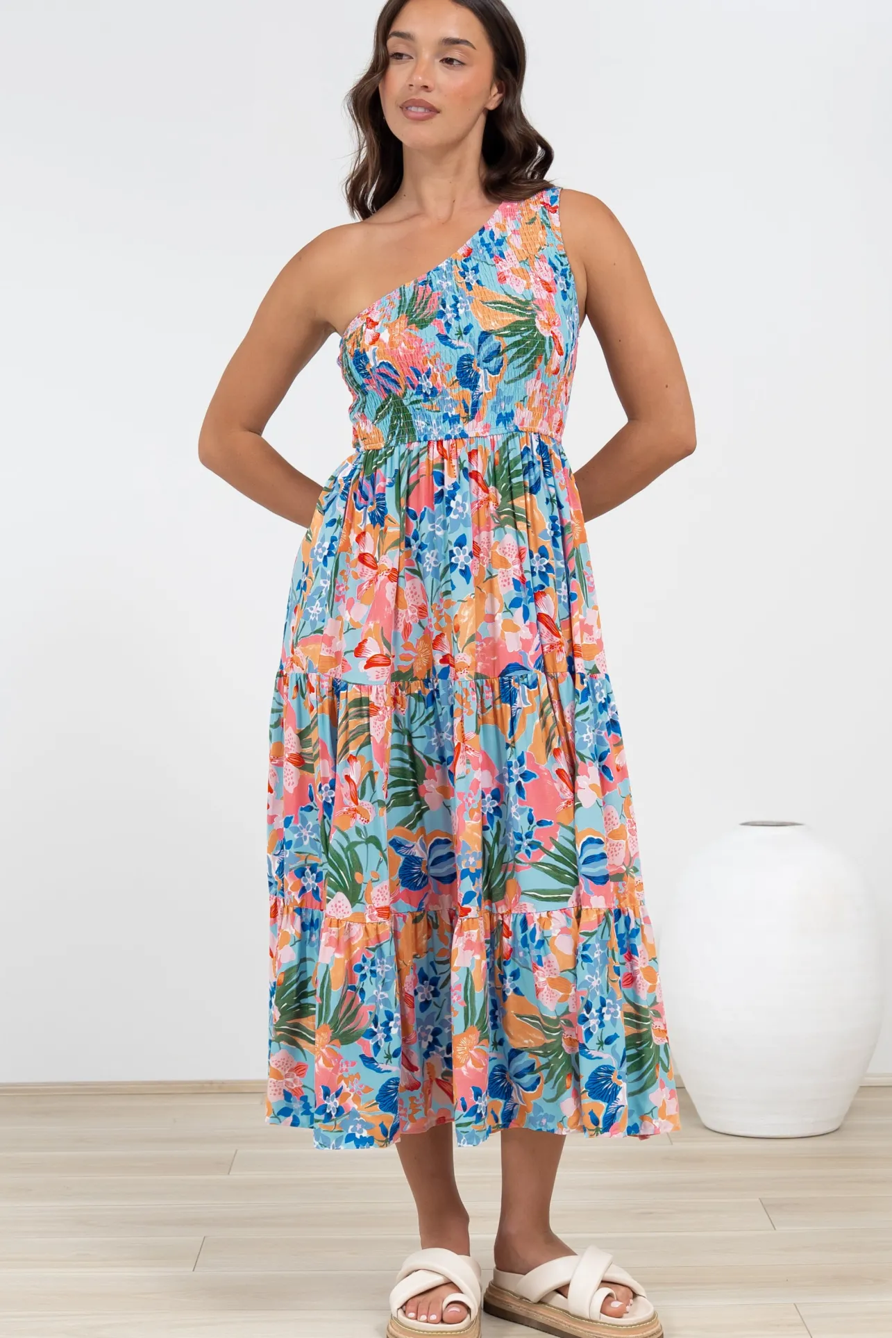 Suzzie Midi Dress - One Shoulder Elasticated Bodice Tiered Dress in Angelitta Print>Salty Crush Outlet