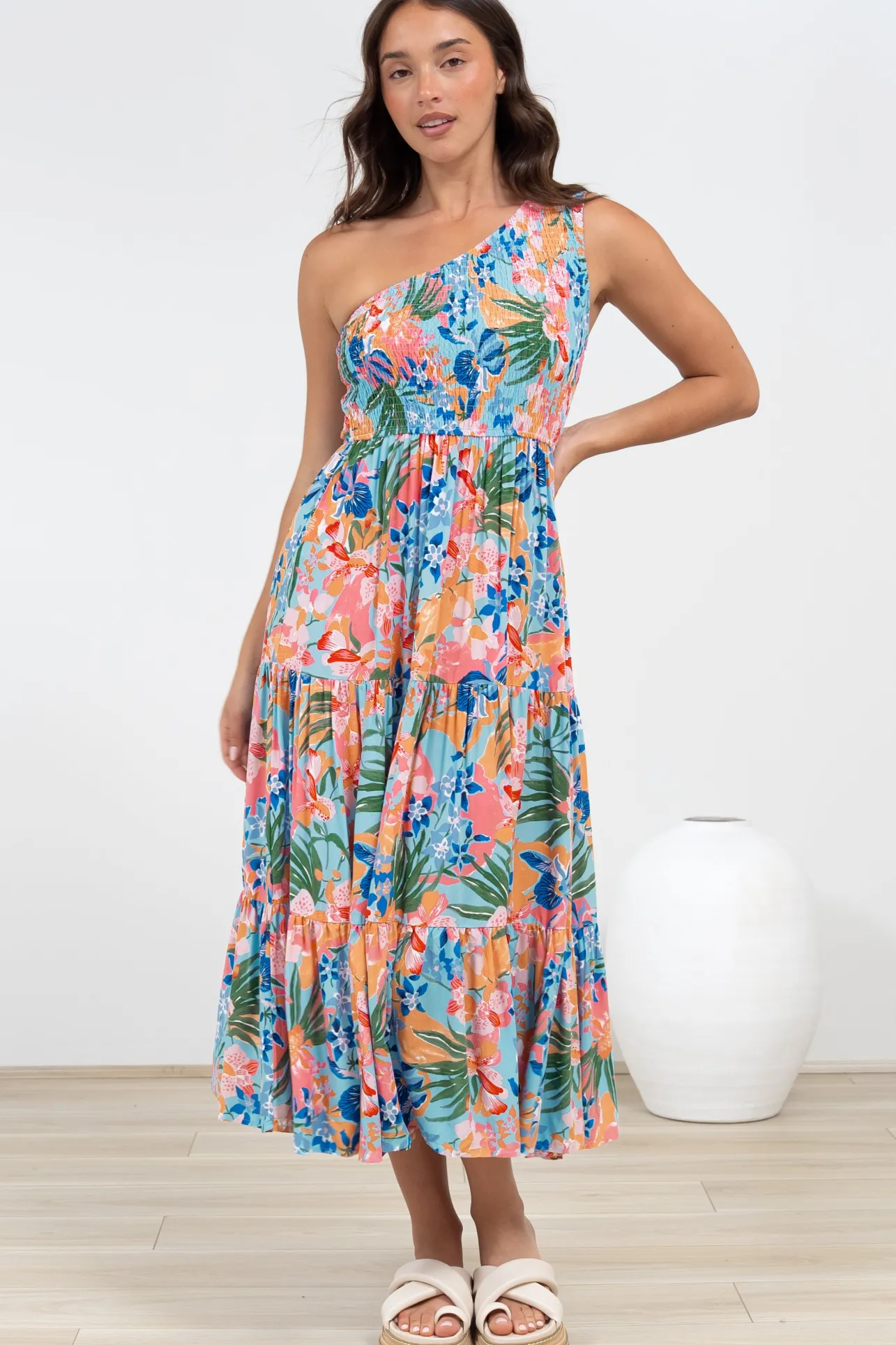 Suzzie Midi Dress - One Shoulder Elasticated Bodice Tiered Dress in Angelitta Print>Salty Crush Outlet