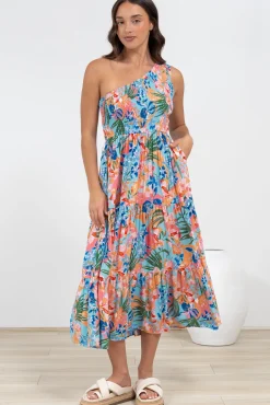 Suzzie Midi Dress - One Shoulder Elasticated Bodice Tiered Dress in Angelitta Print><noscript><img width=