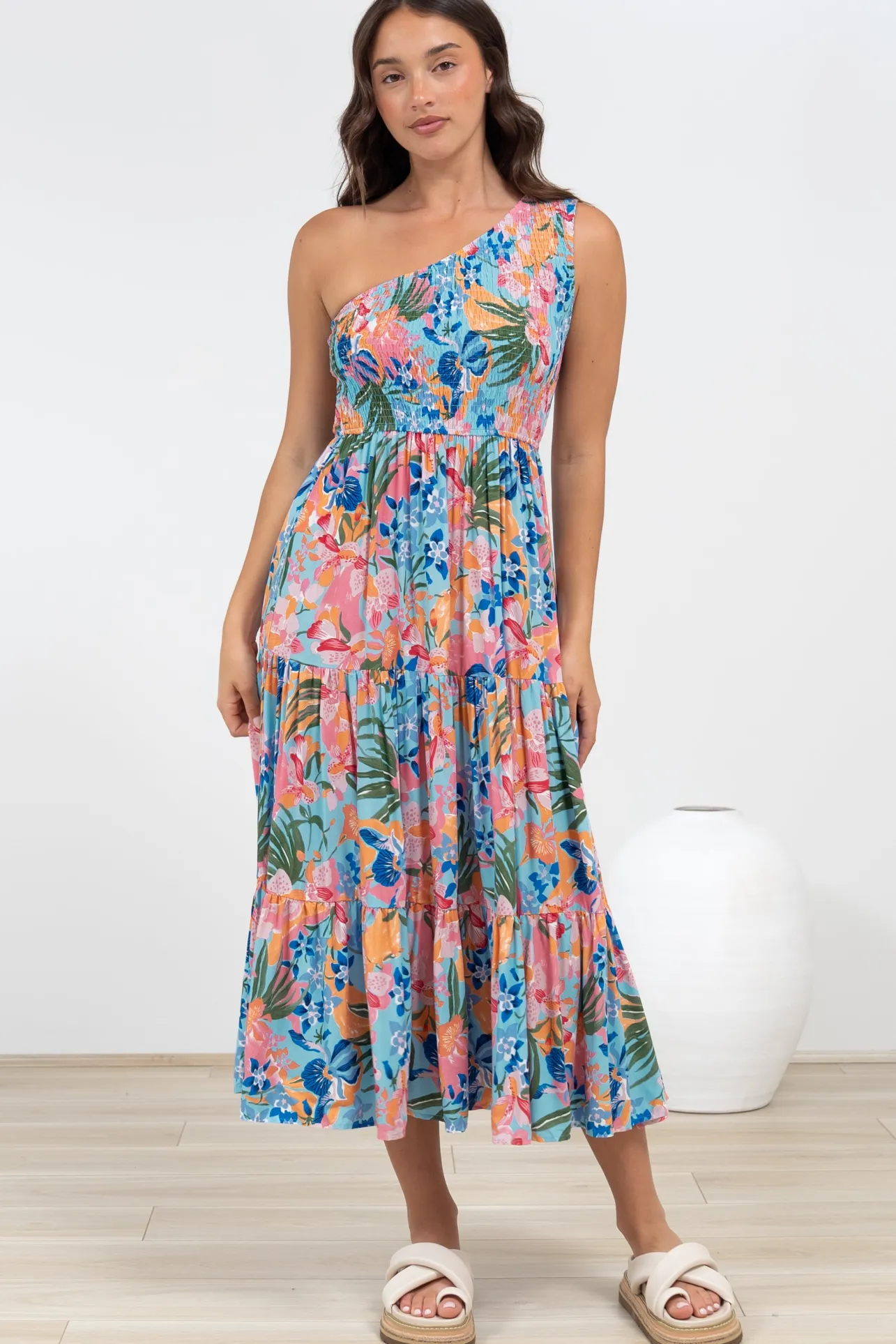 Suzzie Midi Dress - One Shoulder Elasticated Bodice Tiered Dress in Angelitta Print>Salty Crush Outlet
