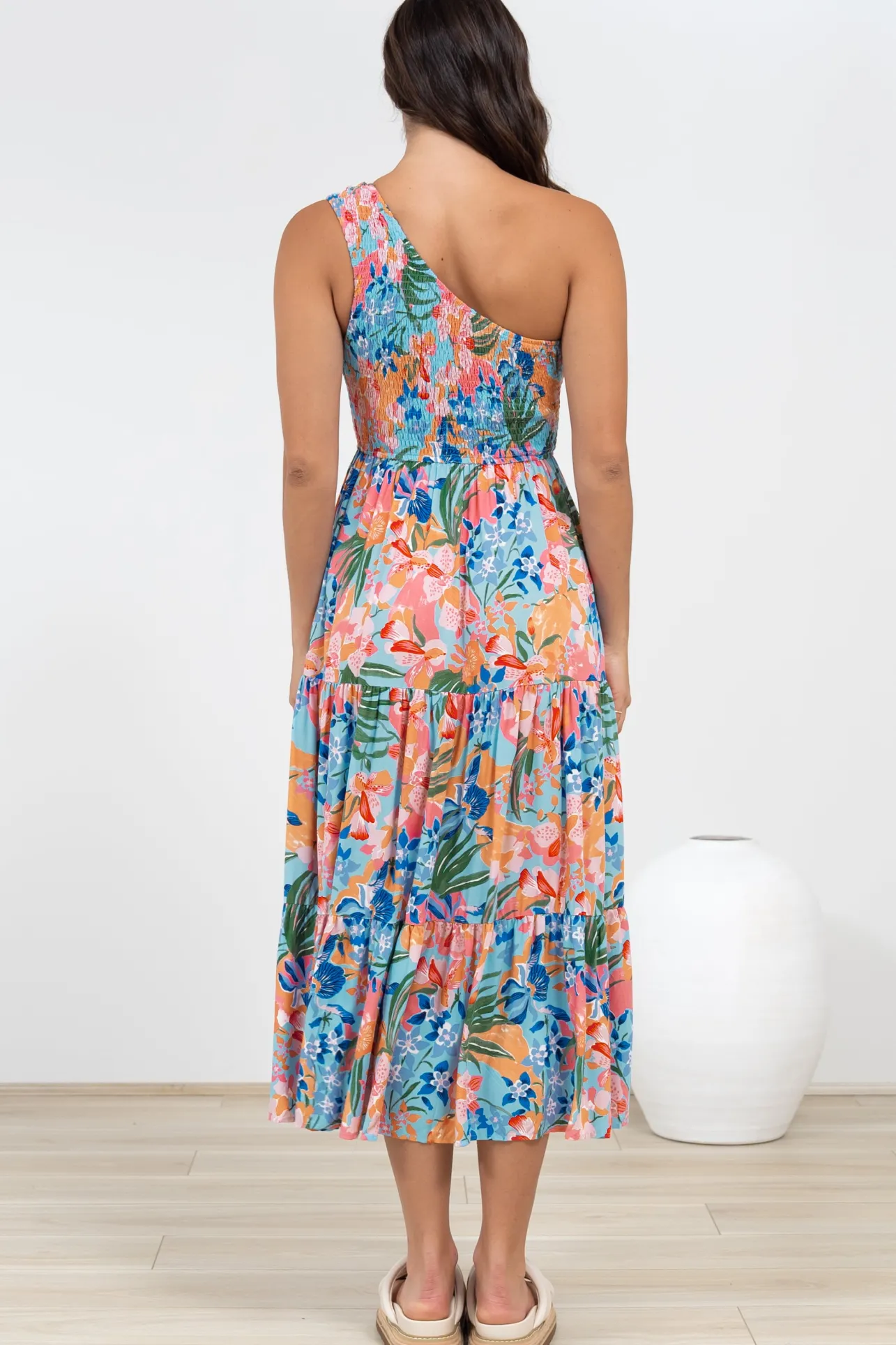 Suzzie Midi Dress - One Shoulder Elasticated Bodice Tiered Dress in Angelitta Print>Salty Crush Outlet