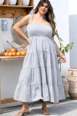 Swift Midi Dress - Elasticated Bodice Tiered Pinstripe Sun Dress in Navy><noscript><img width=