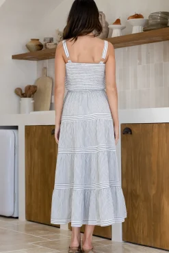 Swift Midi Dress - Elasticated Bodice Tiered Pinstripe Sun Dress in Navy><noscript><img width=