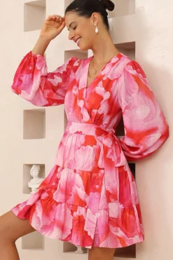 Sybil Mini Dress - Wrap A Line Dress with Long Balloon Sleeves in Greta Print>Salty Crush Best