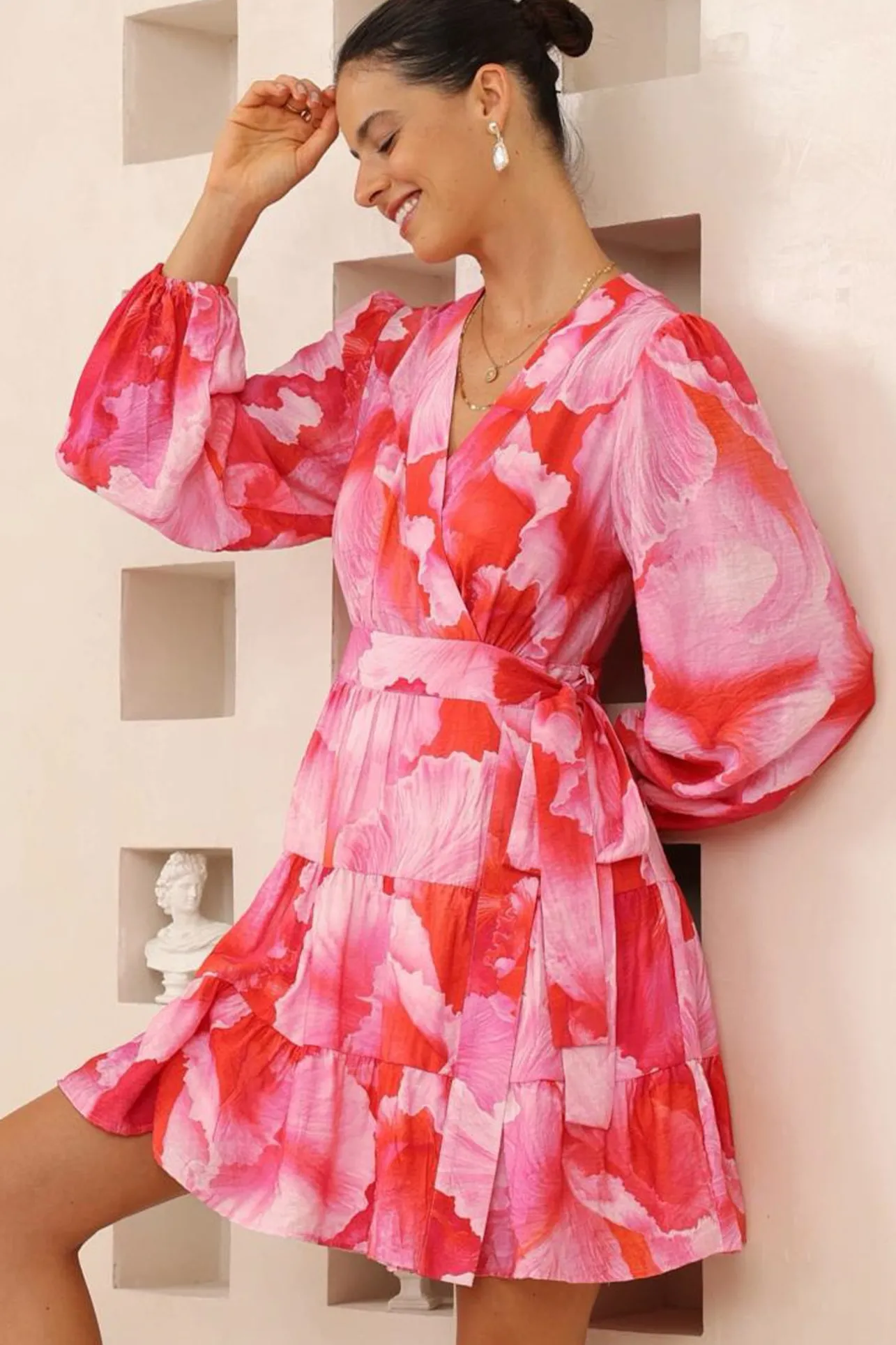 Sybil Mini Dress - Wrap A Line Dress with Long Balloon Sleeves in Greta Print>Salty Crush Best