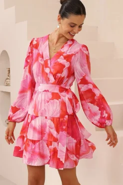 Sybil Mini Dress - Wrap A Line Dress with Long Balloon Sleeves in Greta Print><noscript><img width=