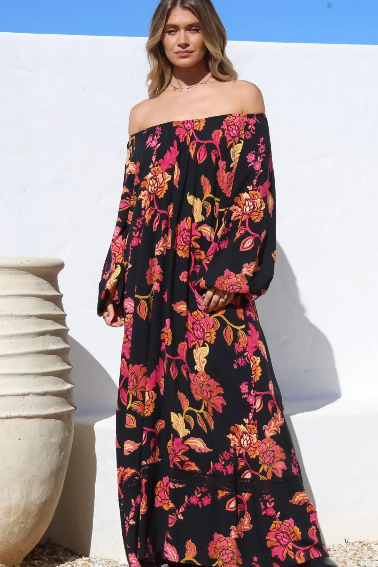 Tai Maxi Dress - On or Off Shoulder Dress with Matching Belt in Valerie Print>Salty Crush Outlet