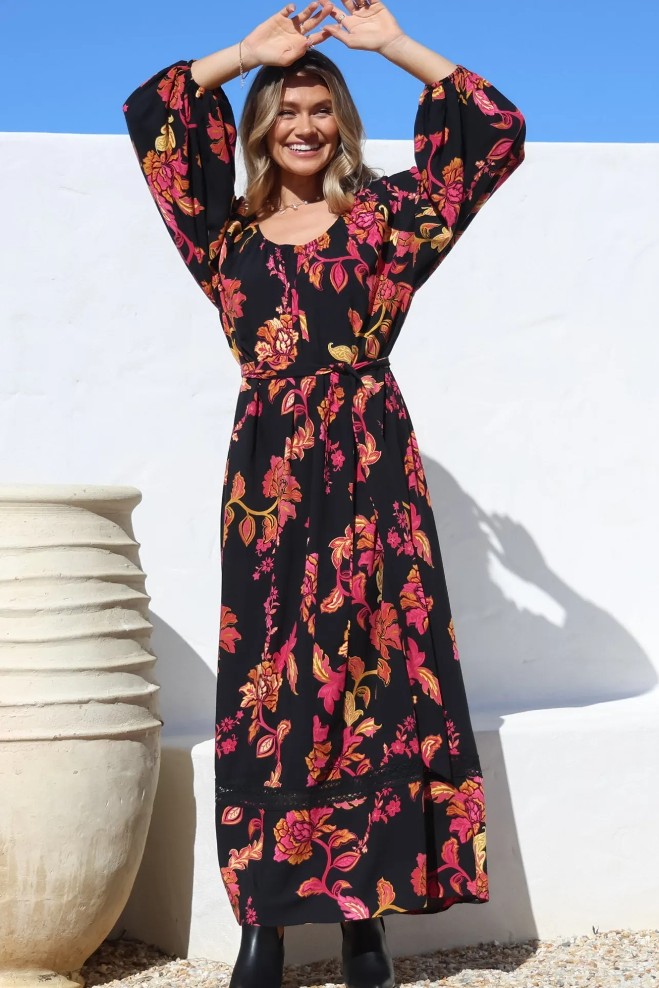 Tai Maxi Dress - On or Off Shoulder Dress with Matching Belt in Valerie Print>Salty Crush Outlet