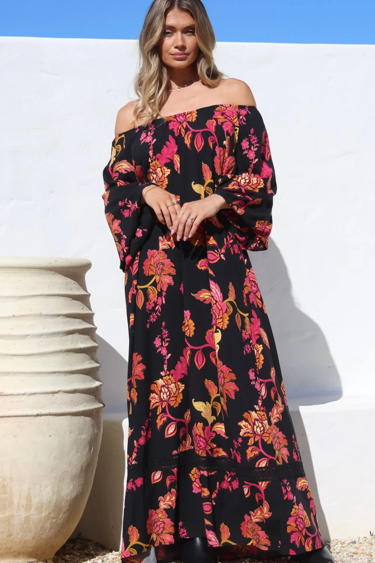 Tai Maxi Dress - On or Off Shoulder Dress with Matching Belt in Valerie Print>Salty Crush Outlet