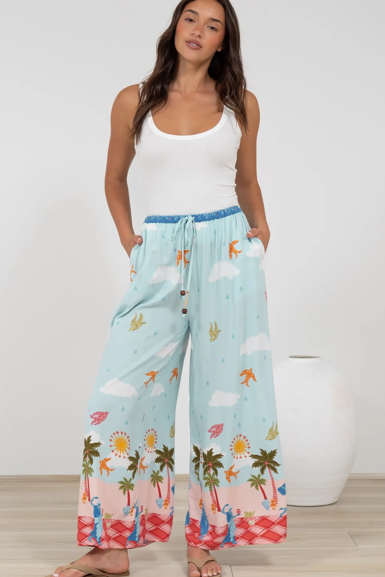 Tarin Pants - High Waisted Wide Leg Pants in Staria Print>Salty Crush Outlet