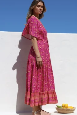 Tassia Maxi Dress - Buttoned Bodice Pull Tie Waist Dress in Quinne Print><noscript><img width=